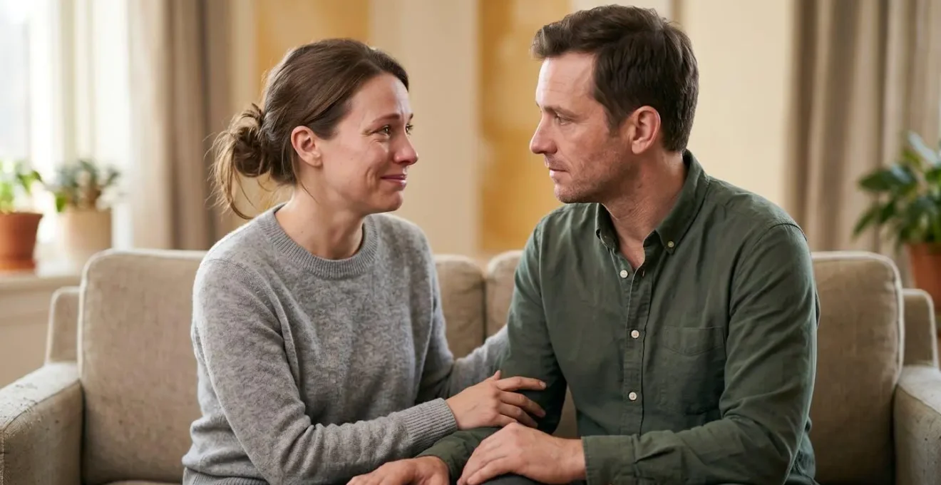 Couple sitting together in warm therapeutic space showing vulnerability and connection during postpartum counseling