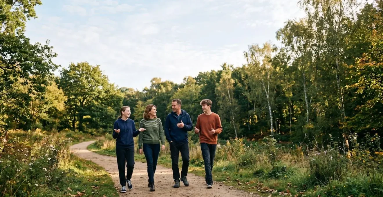Family members walking together outdoors engaged in natural conversation, demonstrating an informal and positive communication approach.