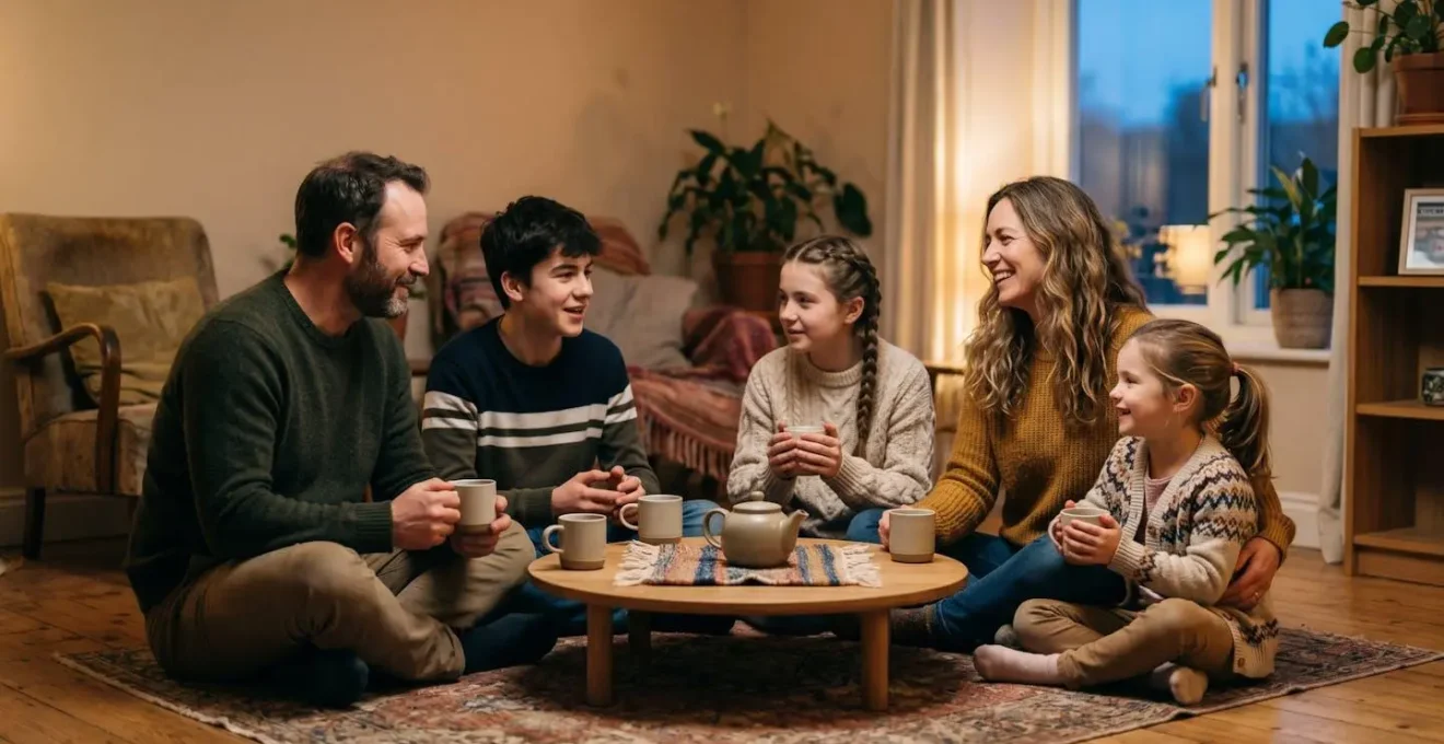 A family engaged in a low-effort evening micro-ritual, demonstrating sustainable connection without scheduling pressure.