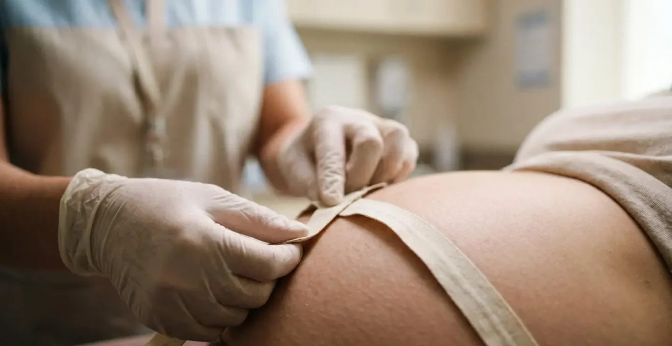 Close-up of healthcare provider's hands measuring fundal height with measuring tape on expectant mother's abdomen