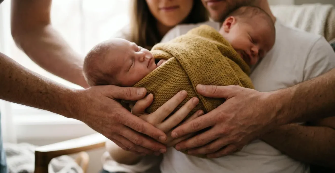 Two parents performing careful baby handoff with blanket and gentle support in calm lighting