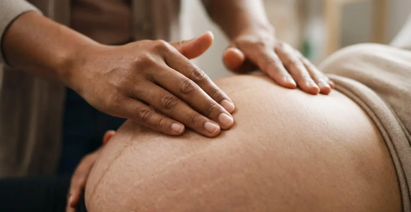 Close-up of gentle hands-on prenatal assessment, showing a low-tech, human-centered monitoring approach.