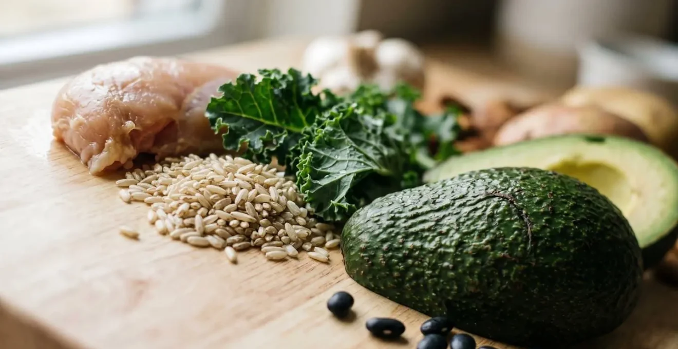 Close-up of balanced whole foods and fresh produce arranged on clean surface with soft natural lighting