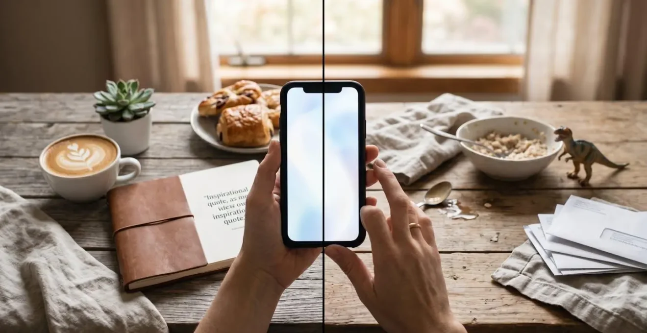 Symbolic representation of curated versus reality in parenting: polished phone screen contrasting with authentic lived experience