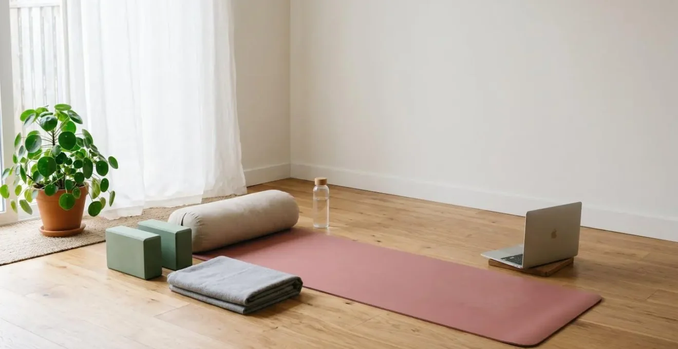 Wide view of serene home yoga practice space with supportive props arranged for safe prenatal exercise showing intentional negative space and calming environment