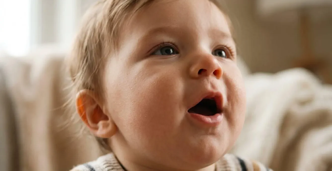 Close-up of infant's face during vocal play showing concentration and auditory feedback loop
