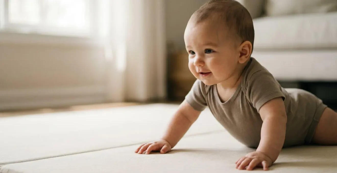Infant demonstrating natural rolling movement and motor skill development on safe surface