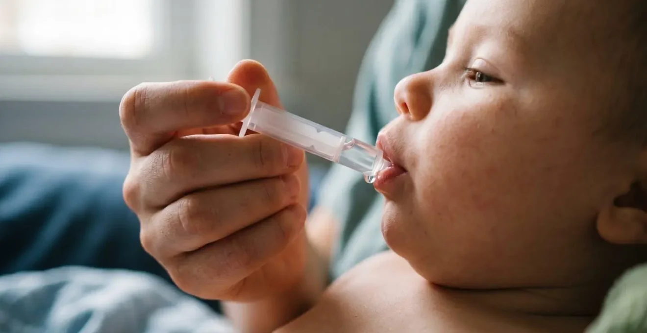 Close-up of infant receiving sweet oral solution from syringe before vaccination