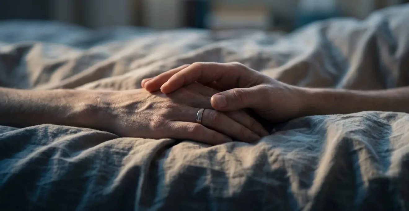 Exhausted couple finding emotional connection through gentle non-sexual touch in bedroom