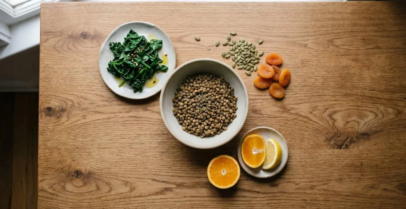 Overhead view of iron-rich whole foods arranged with vitamin C sources for enhanced absorption