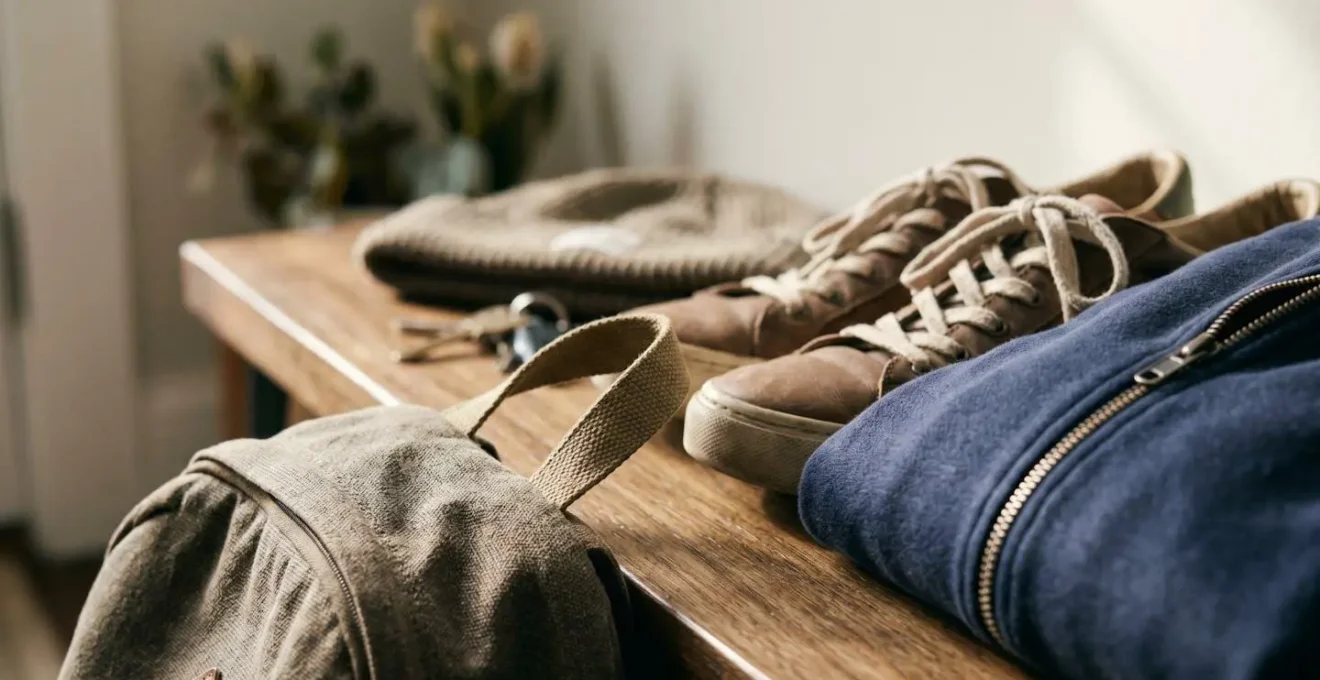 A close-up macro view of a family launch pad station near an entryway showing organized morning essentials ready for departure