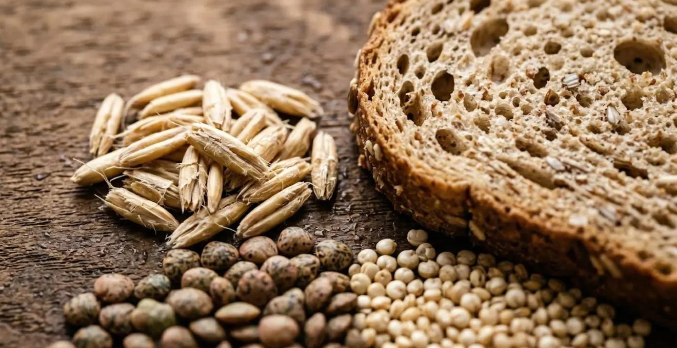 Close-up comparison of low-glycemic whole grains and vegetables showing texture and natural fiber structure