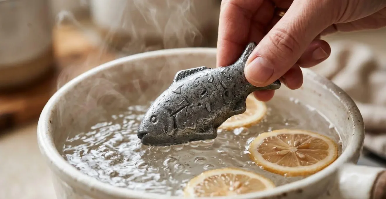 Close-up of fish-shaped iron ingot being placed into simmering pot with lemon slices in clean minimal kitchen setting