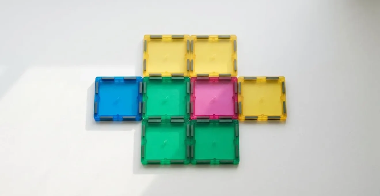 Magnetic tiles arranged flat on a surface showing a geometric net pattern that will fold into a three-dimensional pyramid structure