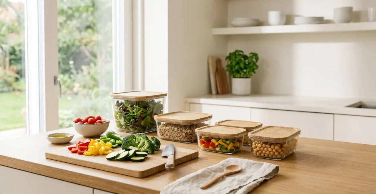 Organized meal preparation scene with natural ingredients and simple storage containers