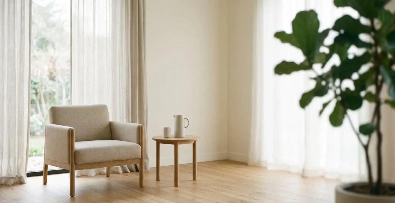 Peaceful minimalist corner with soft natural light and simple comfortable seating