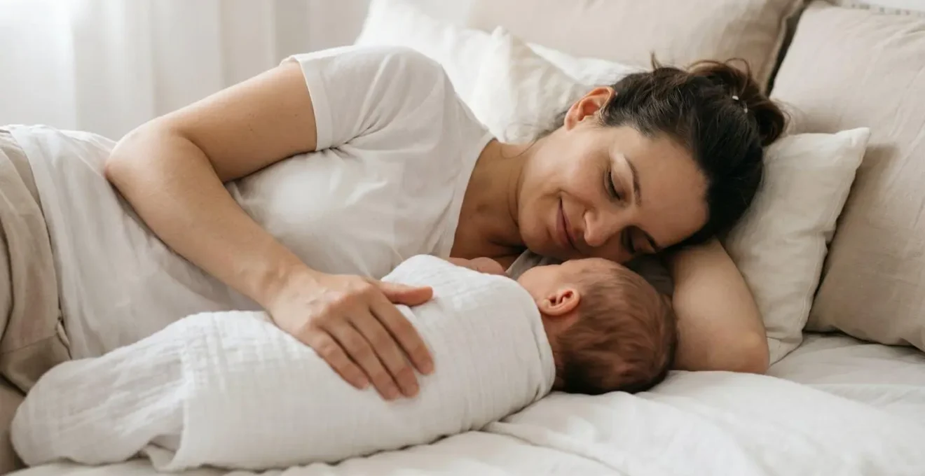 Mother and newborn in peaceful side-lying breastfeeding position showing emotional bond