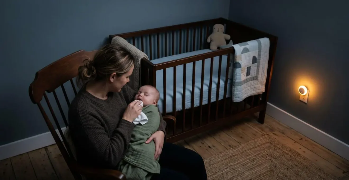 Soft evening scene showing gentle post-feeding oral care routine for infant