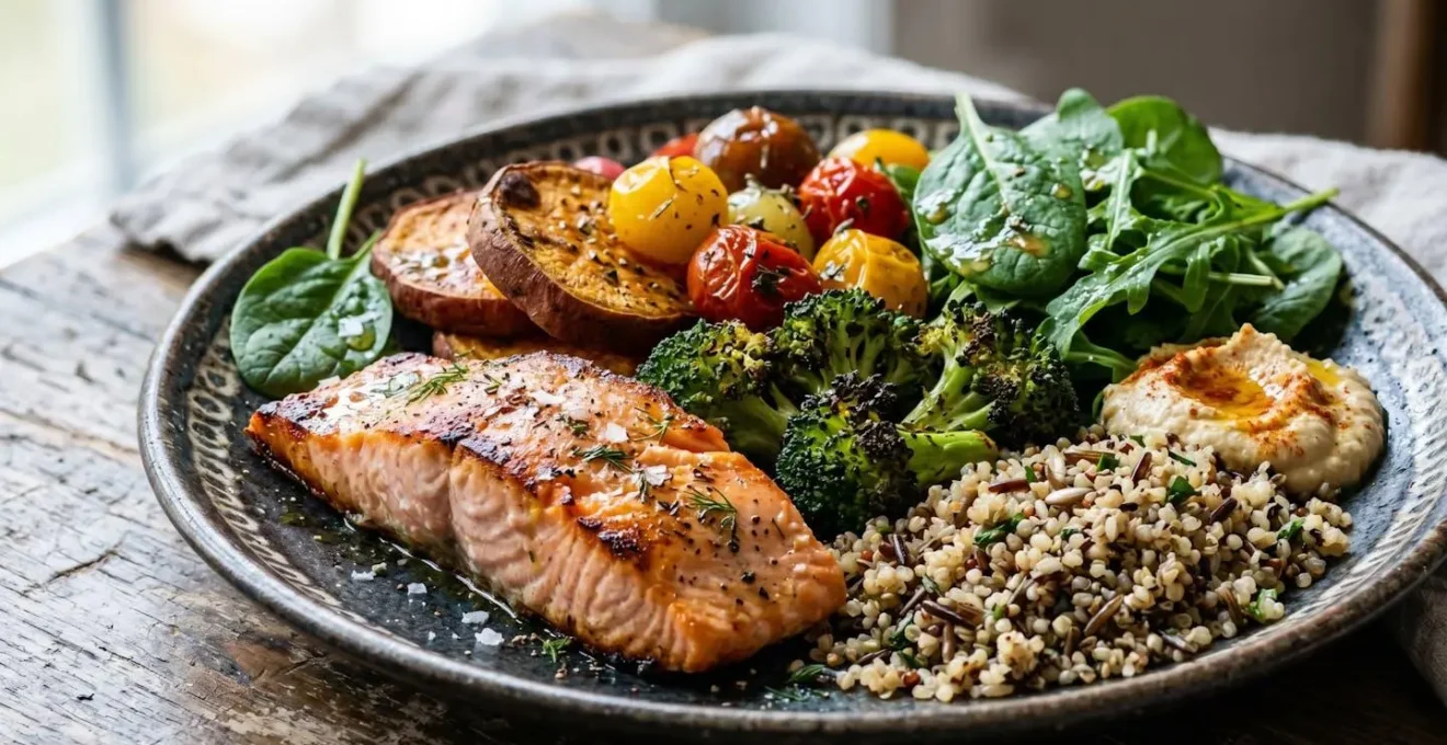 Colorful balanced plate with whole grains, lean protein, vegetables and healthy fats representing optimal second trimester nutrition