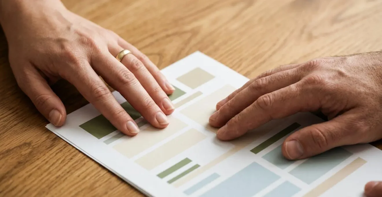 Close-up of hands arranging simple visual birth plan checklist with icons and minimal text on wooden surface