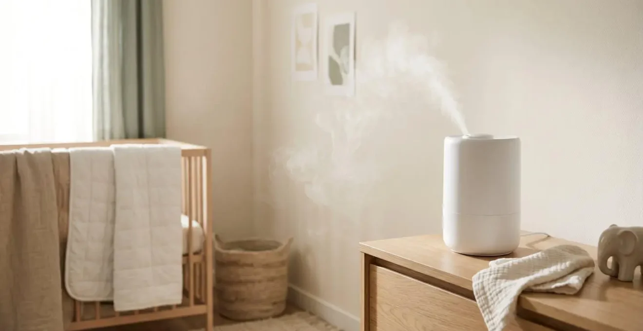A simple room humidifier creating gentle mist in a calm nursery environment with soft natural light and clean composition