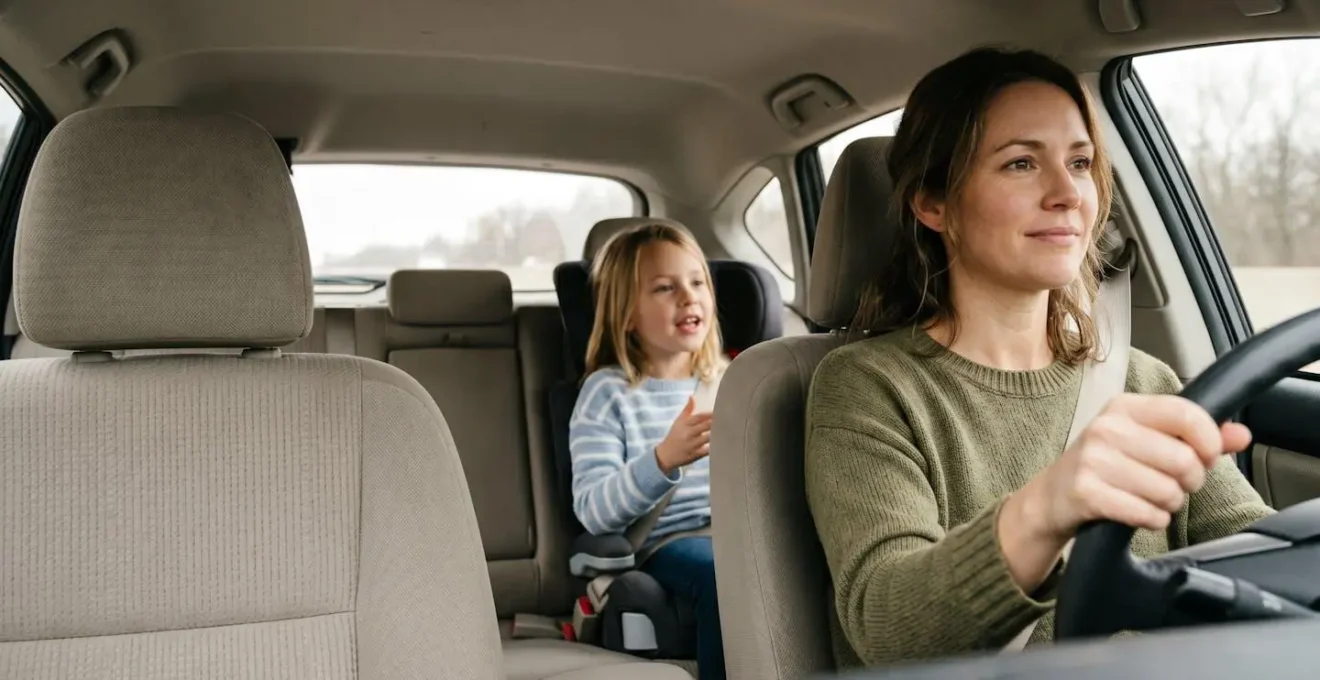 Parent and child in car sharing a comfortable conversation moment during commute with natural interaction