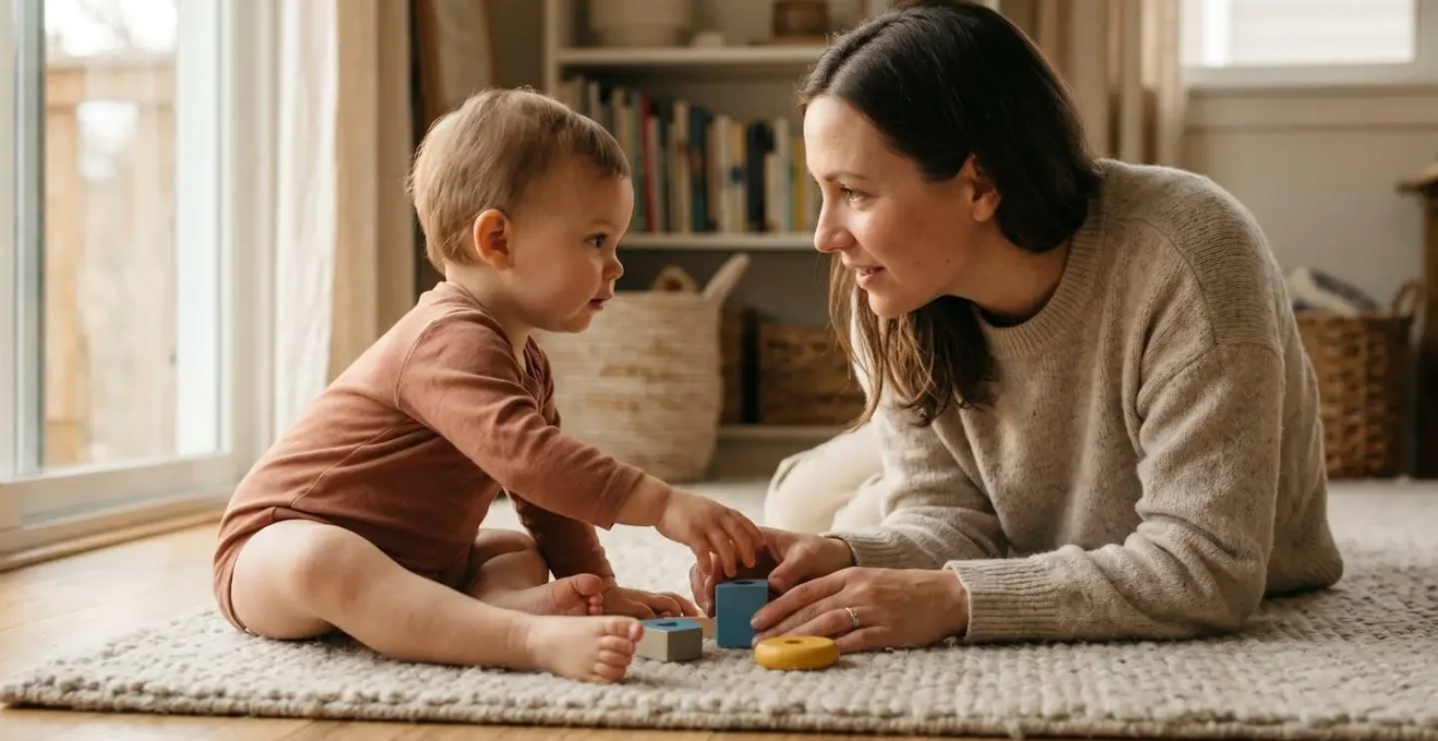 Parent actively engaging with toddler during at-home early intervention speech therapy activities