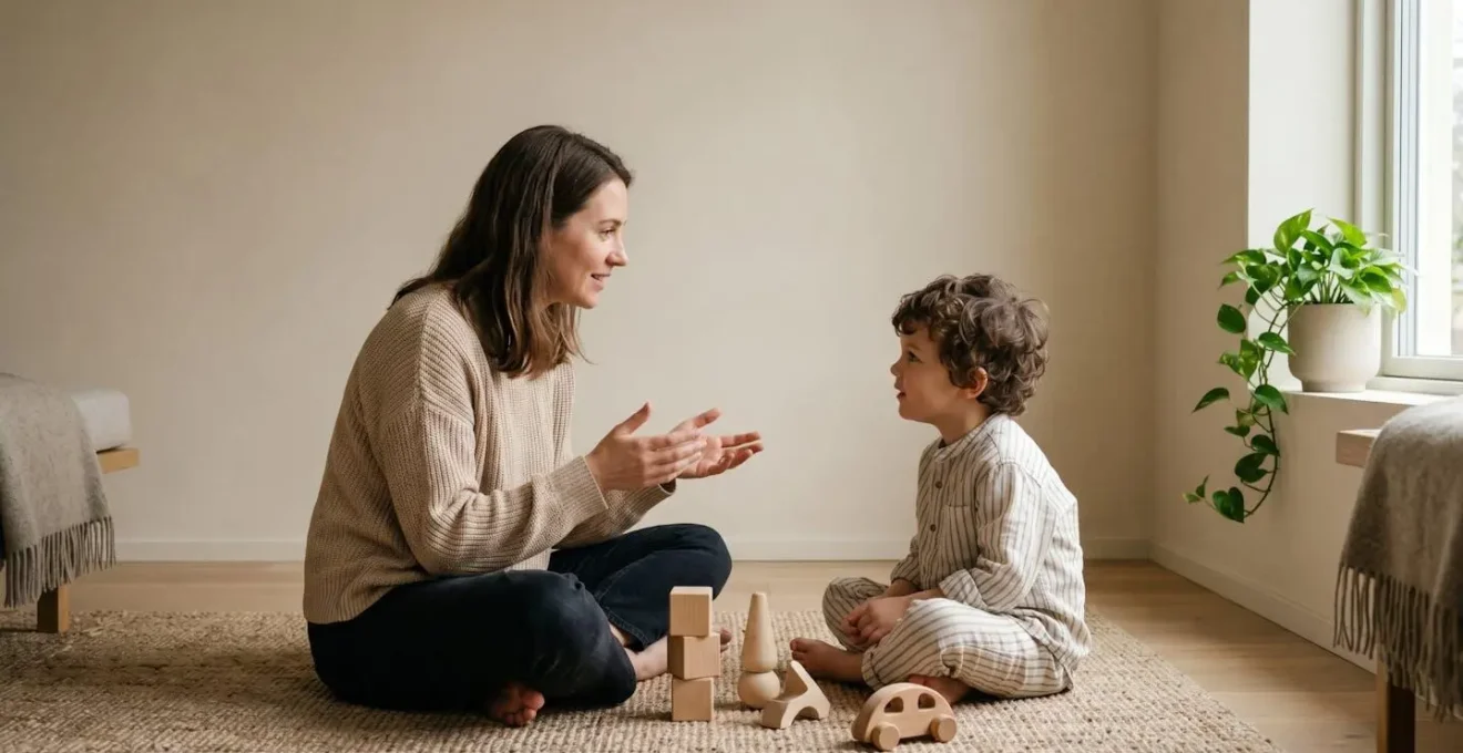 Warm interaction between parent and young child engaged in conversation during play, emphasizing language-rich environment