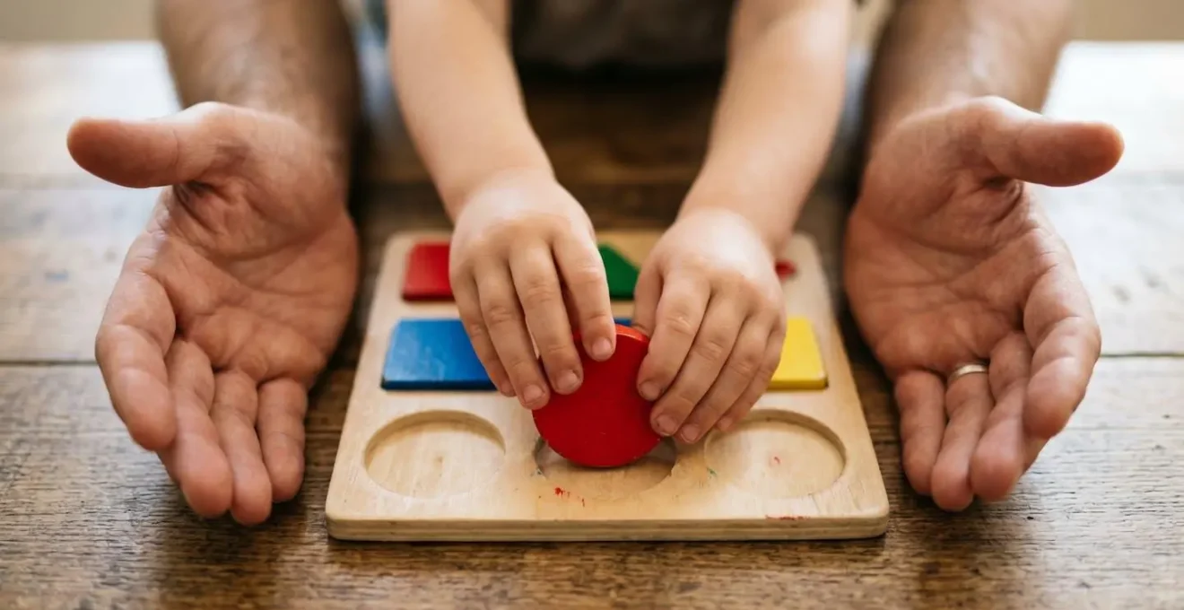 Parent's hands gently gesturing near puzzle edge while preschooler problem-solves independently