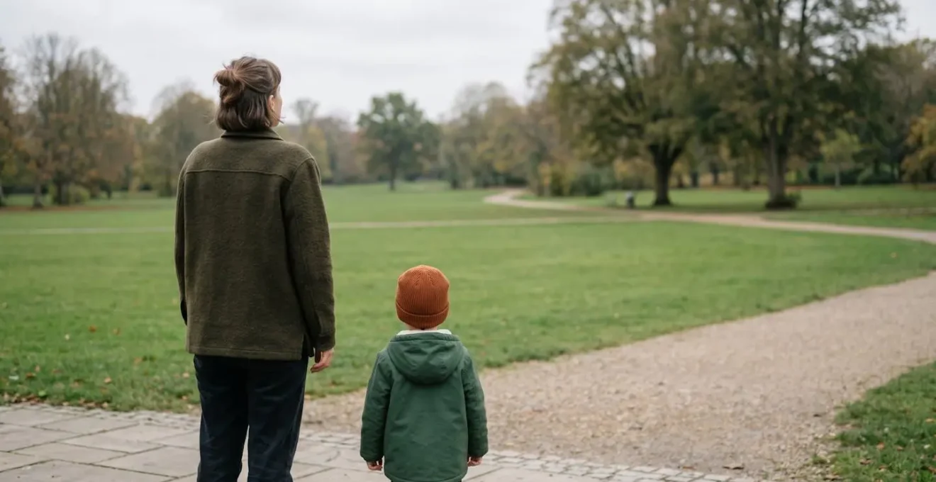 Environmental wide shot of a parent taking a calming breath in a public space with intentional negative space