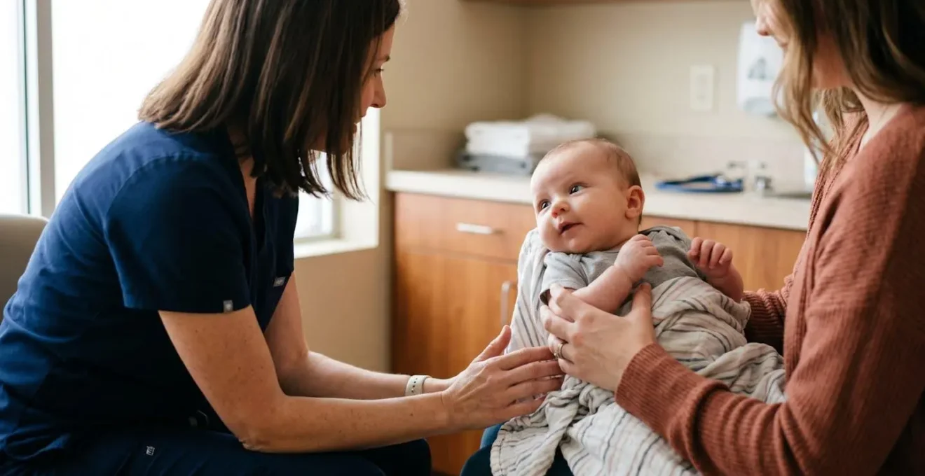 A caring interaction between a parent holding an infant and a pediatrician during a wellness checkup consultation in a natural clinic setting