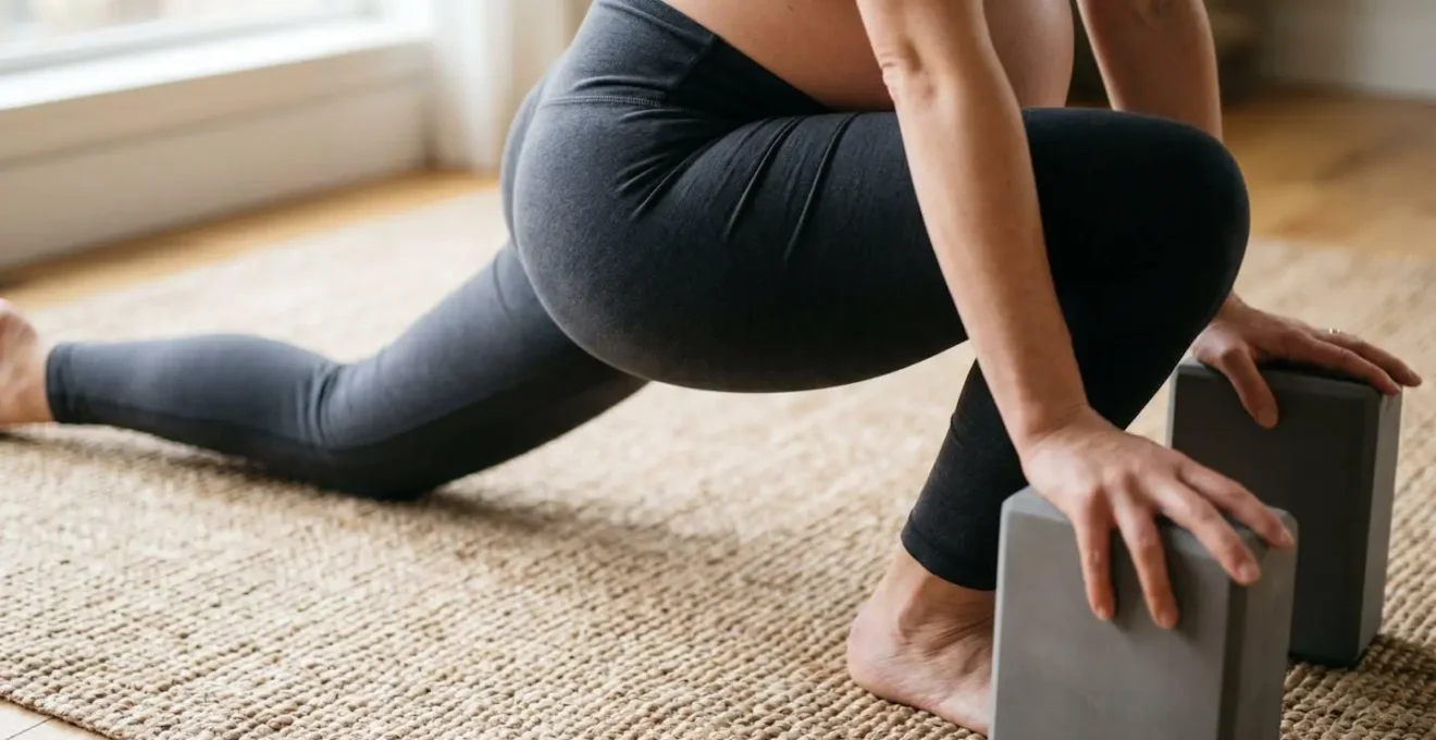 Close-up detail of hip and pelvic positioning during asymmetrical yoga lunge demonstrating internal rotation for optimal fetal descent