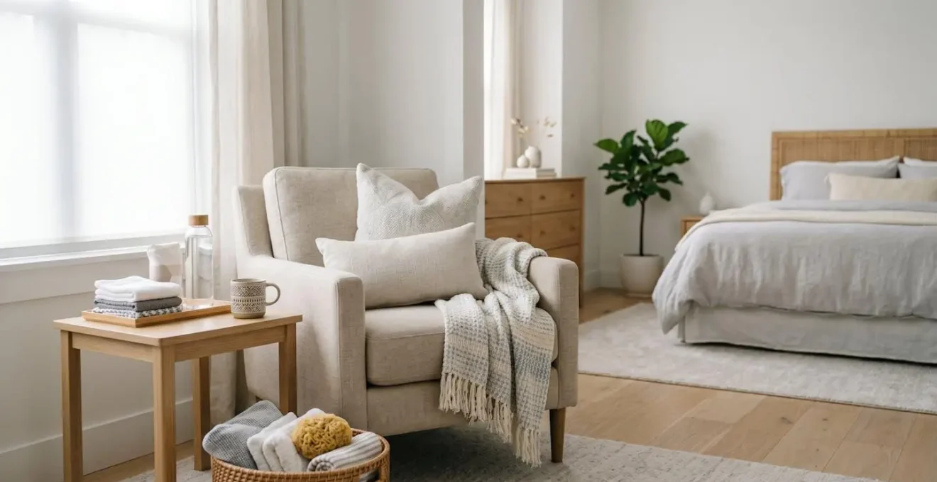 A cozy bedroom corner with soft natural lighting, showing a prepared recovery space for a new mother.