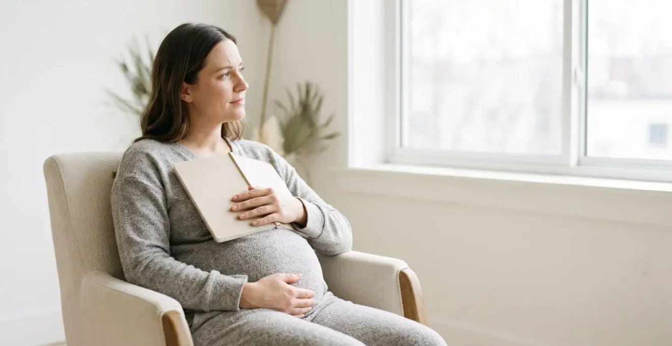 Pregnant woman sitting peacefully in natural light reviewing personal wellness journal with gentle concerned expression