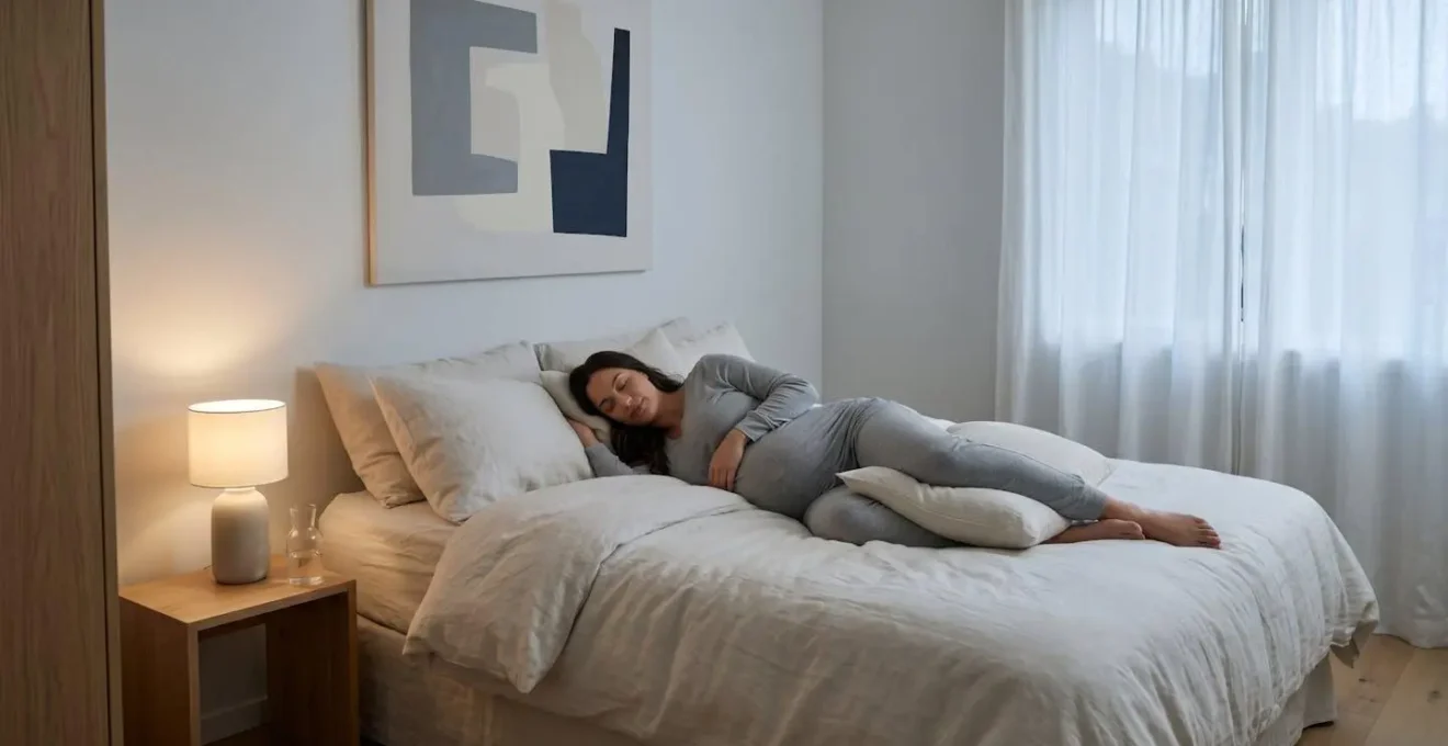 Peaceful pregnant woman sleeping on left side with supportive pillow between knees in softly lit bedroom