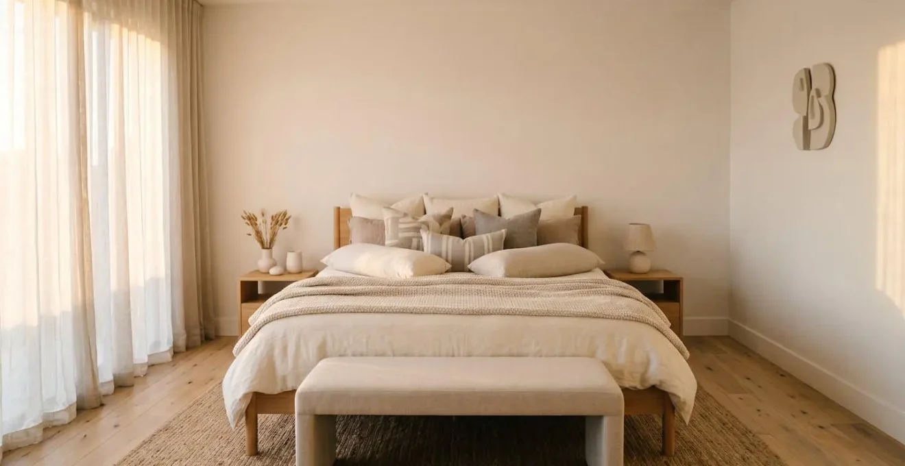 Serene bedroom setup with pregnancy support pillows and warm ambient lighting for optimal third trimester rest