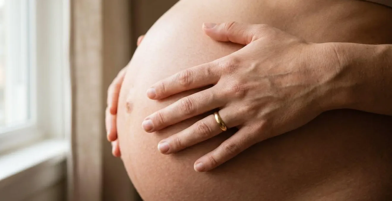 Intimate close-up of maternal hand tenderly placed on pregnant belly in soft natural light