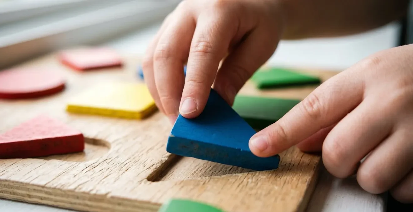 Preschool child's hands manipulating colorful puzzle pieces with focused determination, showing the productive struggle zone of learning