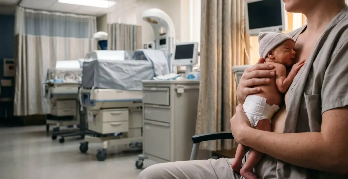 Preterm infant receiving kangaroo care with parent in NICU environment showing medical monitoring equipment