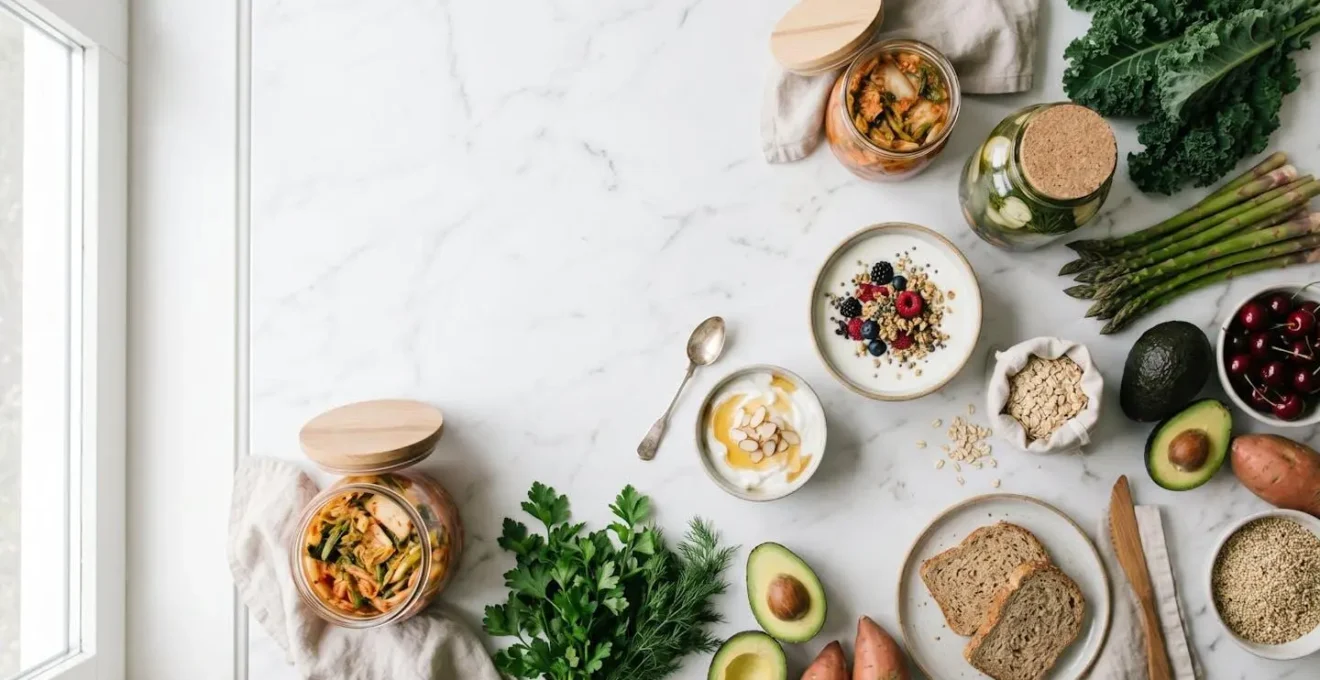 Wide environmental shot of diverse probiotic and prebiotic food sources for lactating mothers