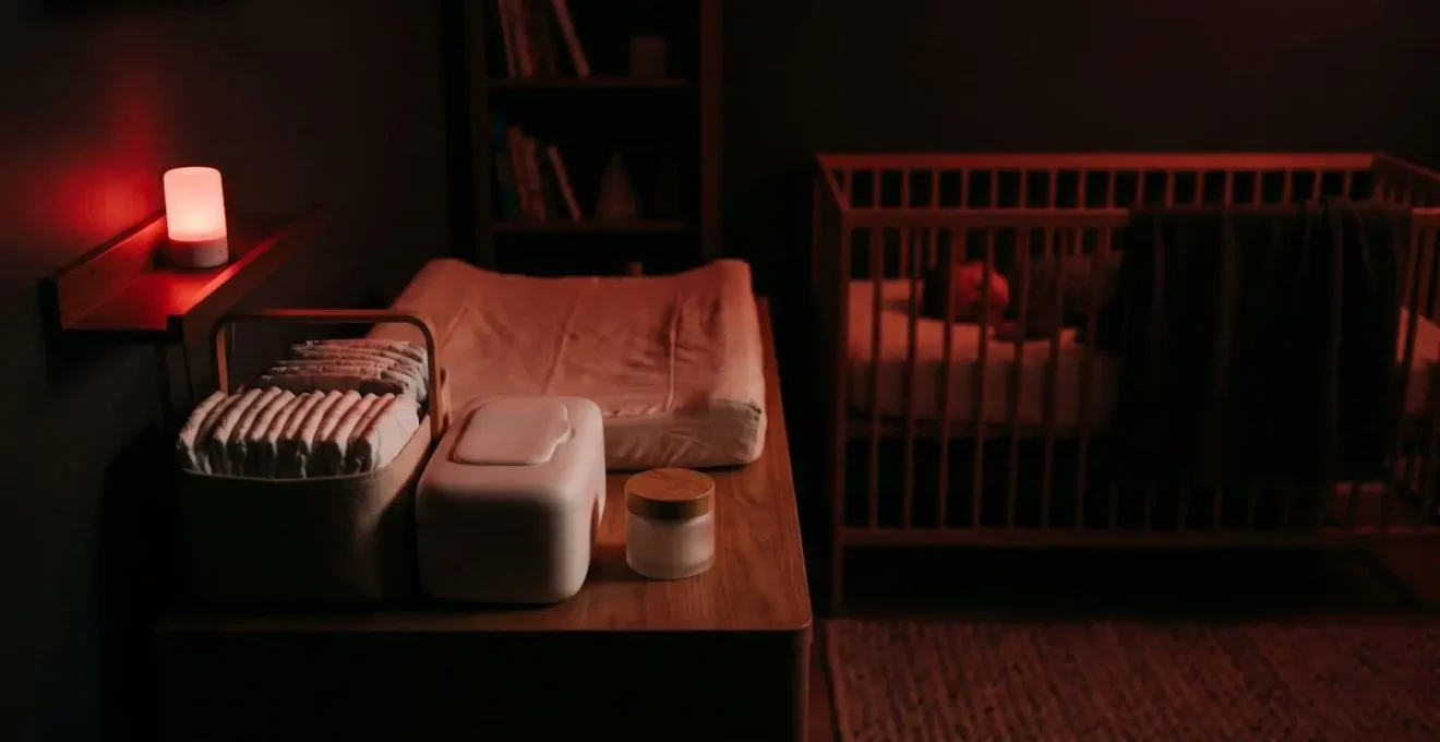 Minimalist nursery nighttime setup showing dim red light illumination and organized diaper caddy for sleep-friendly changes