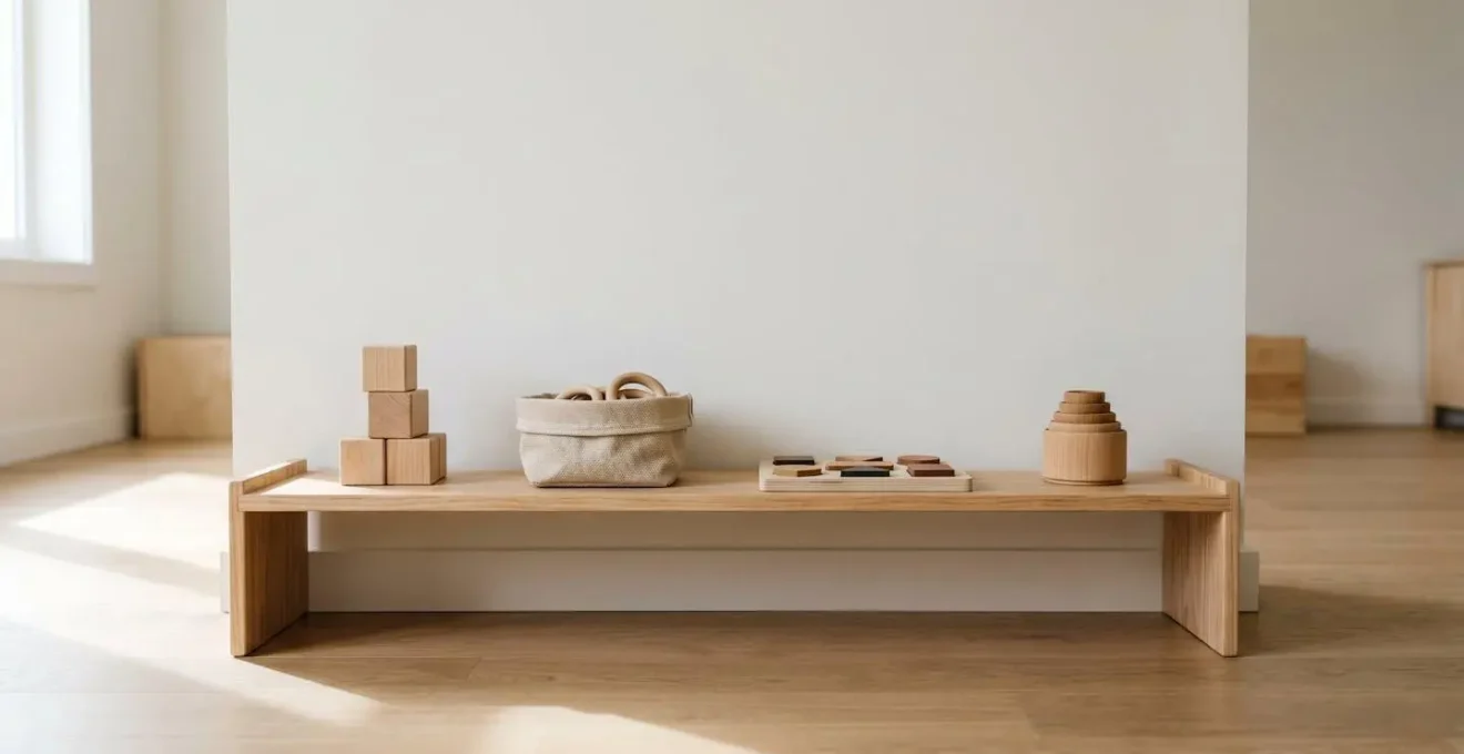 Minimalist low shelf displaying few carefully selected toys in organized manner promoting child autonomy