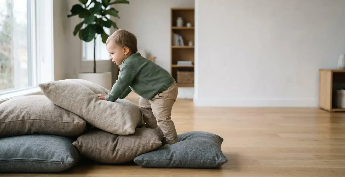 Toddler navigating cushioned obstacle course demonstrating core engagement and motor problem solving skills