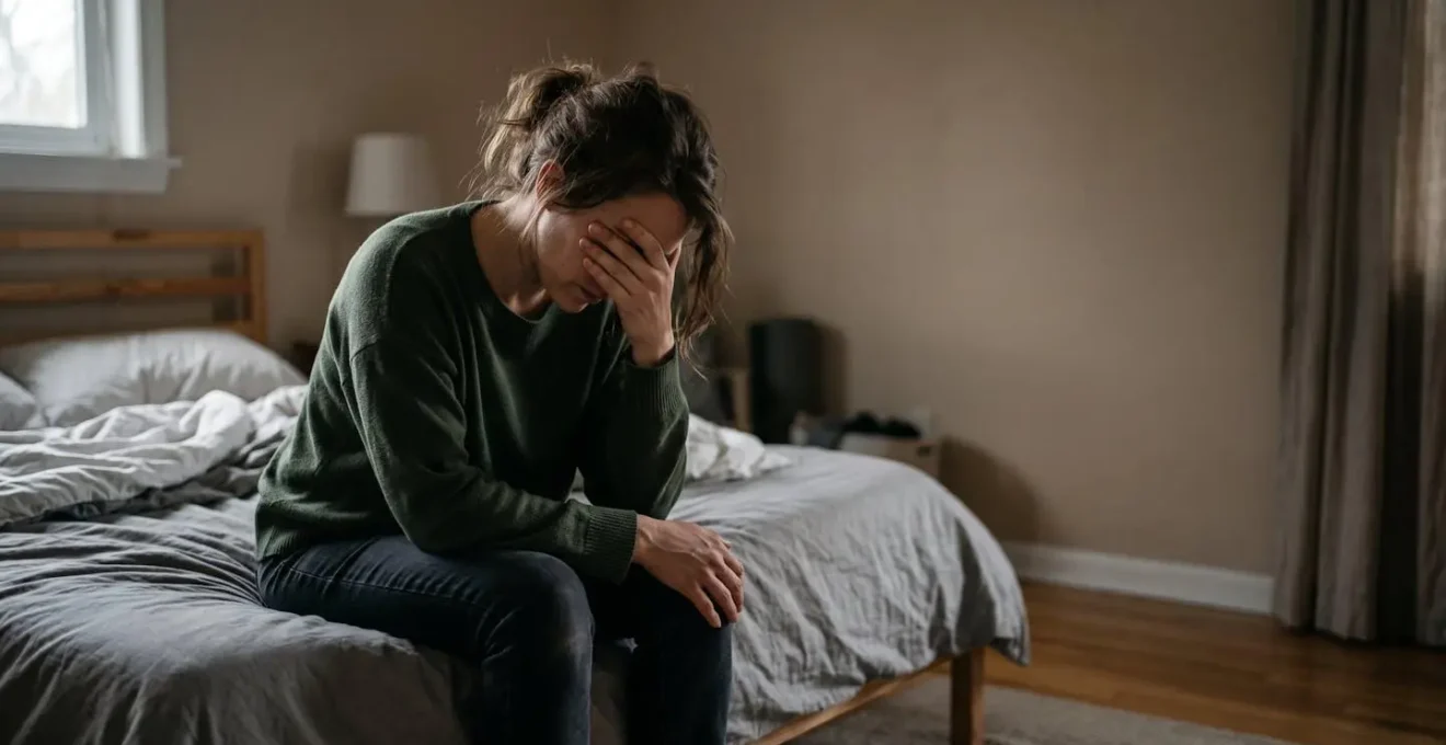 Authentic moment of vulnerability showing a new mother's genuine emotion during early postpartum period