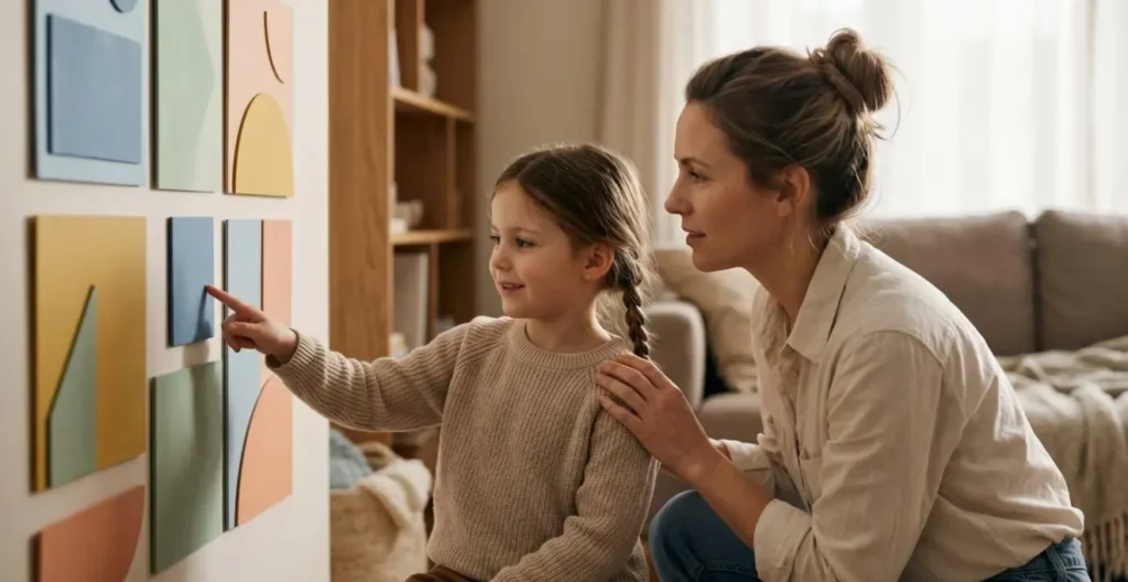 A parent and child collaboratively problem-solving together during a morning routine challenge showing emotional connection and flexibility A parent and child collaboratively problem-solving together during a morning routine challenge showing emotional connection and flexibility